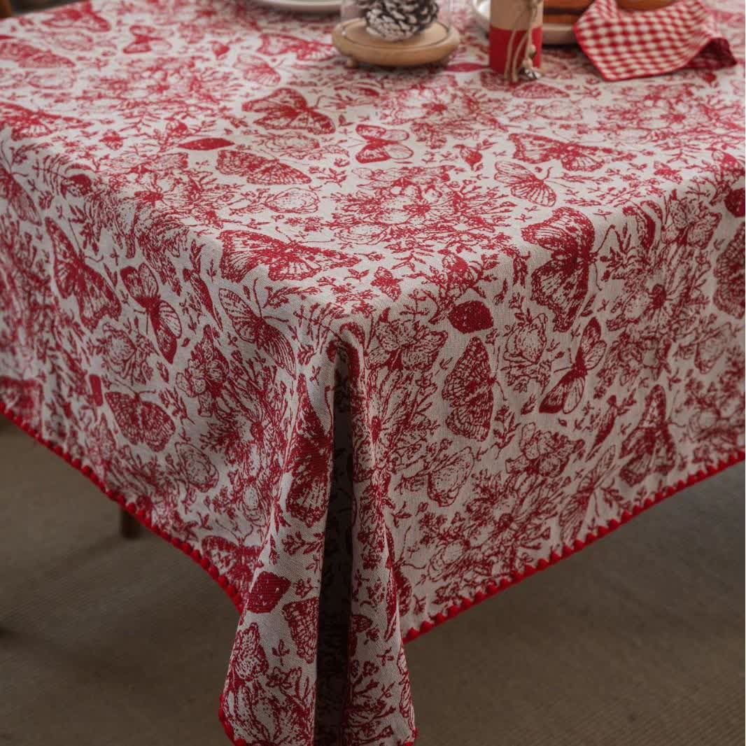 Nappe jacquard rouge à motifs papillons et fleurs - image 5