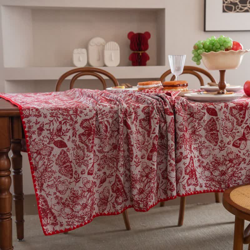 Nappe jacquard rouge à motifs papillons et fleurs - image 4