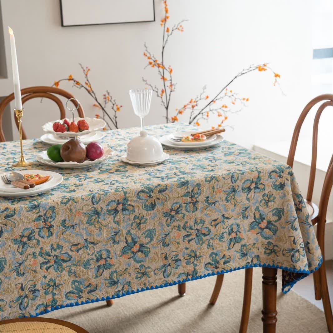Nappe jacquard de style rustique avec motif floral bleu - image 4