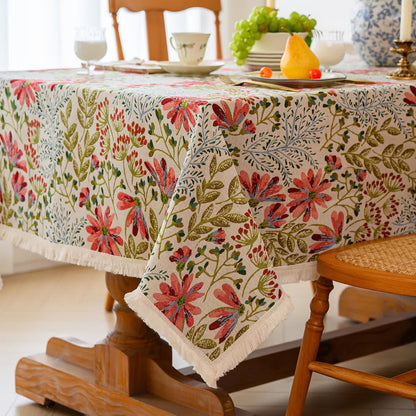 Nappe jacquard rustique à pompons et motif floral - image 4