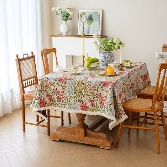Nappe jacquard rustique à pompons et motif floral - 140cm x 260cm - image 1
