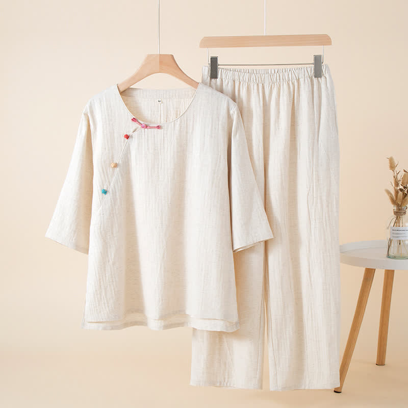 Ensemble de vêtements de détente de style oriental avec boutons - Beige - XL - image 3