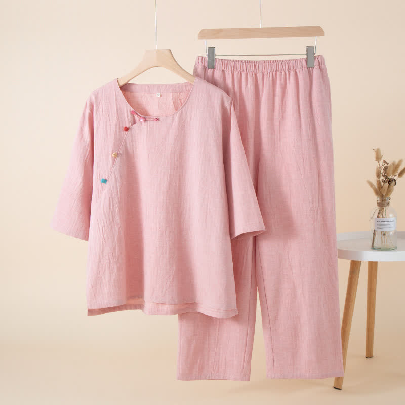 Ensemble de vêtements de détente de style oriental avec boutons - Rose - XL - image 13