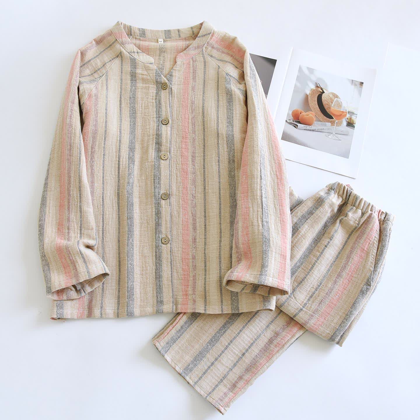 Ensemble loungewear en gaze de coton rayée - Kaki - XL - image 6