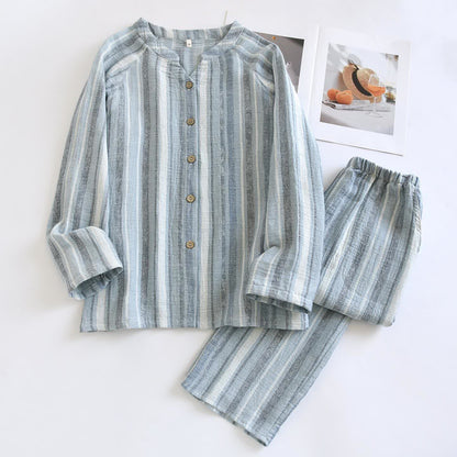 Ensemble loungewear en gaze de coton rayée - Bleu - XL - image 4