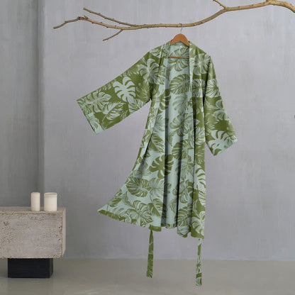 Peignoir kimono en gaze de coton à imprimé monstera - vert foncé - 2XL - image 0