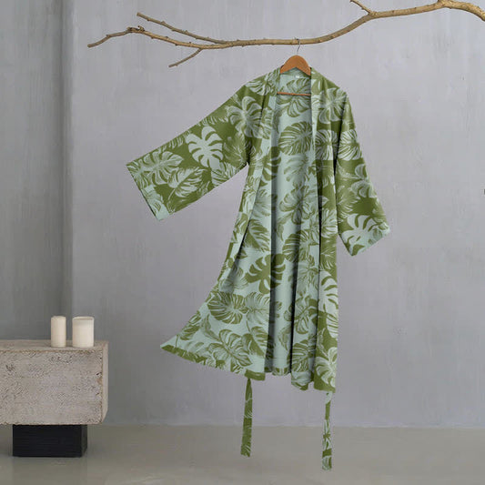 Peignoir kimono en gaze de coton à imprimé monstera - vert foncé - 2XL - image 0