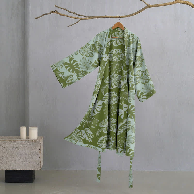 Peignoir kimono en gaze de coton à imprimé monstera - Vert clair - 2XL - image 7
