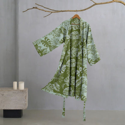 Peignoir kimono en gaze de coton à imprimé monstera - Vert clair - 2XL - image 7