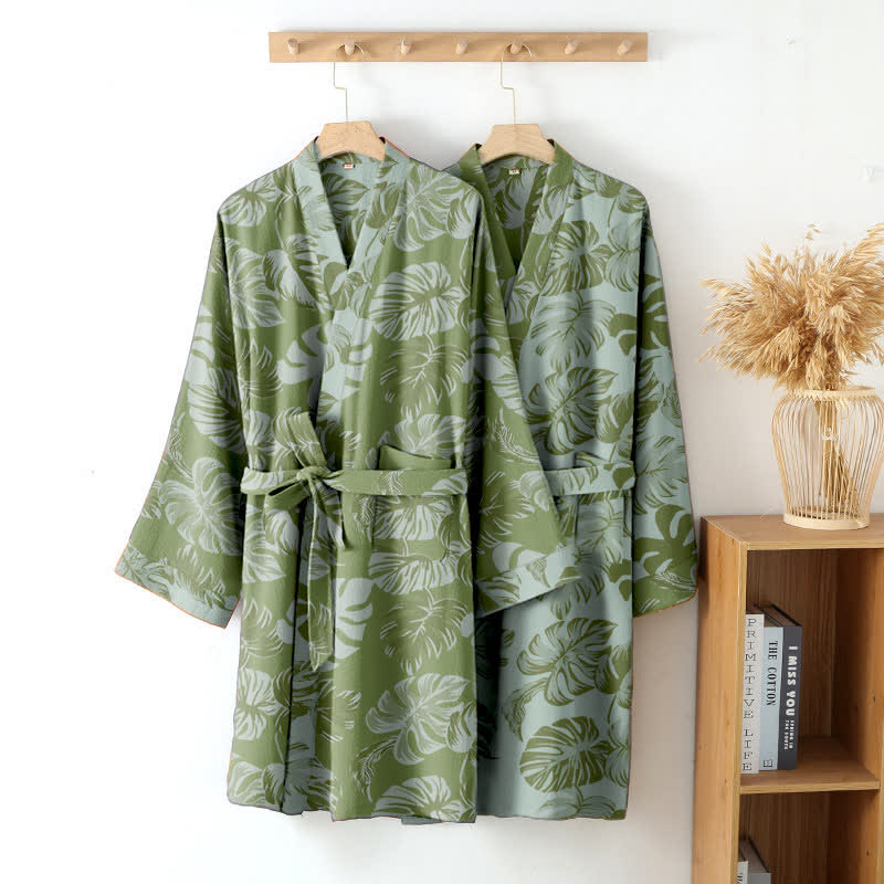 Peignoir kimono en gaze de coton à imprimé monstera - image 1
