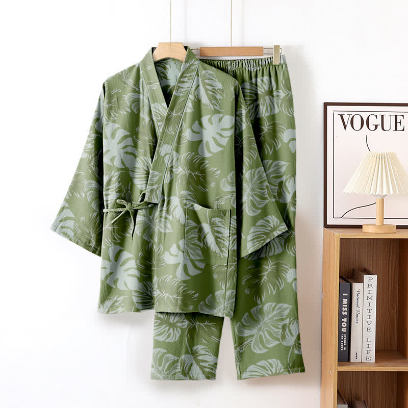 Ensemble kimono en gaze de coton Monstera - vert foncé - XL - image 2
