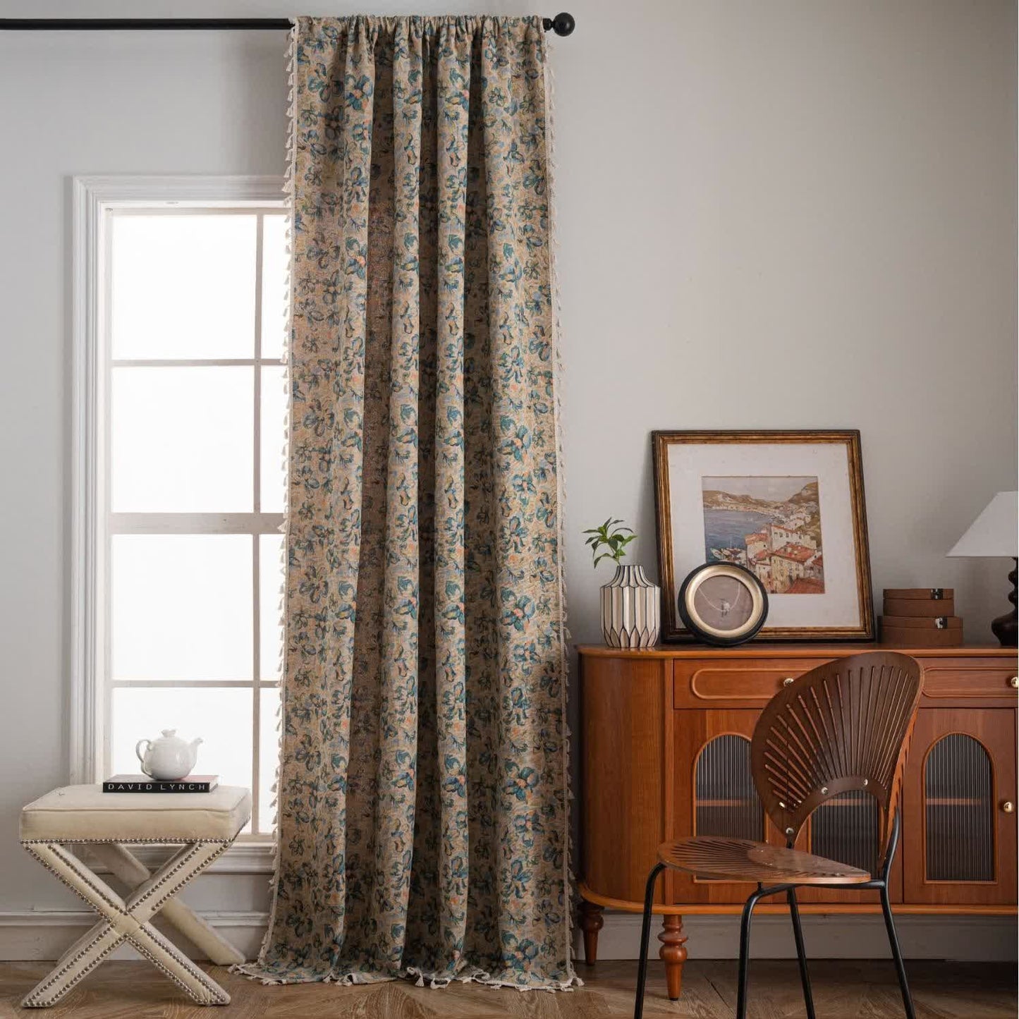 Rideau bleu rustique avec motif floral et filtre de lumière - image 2