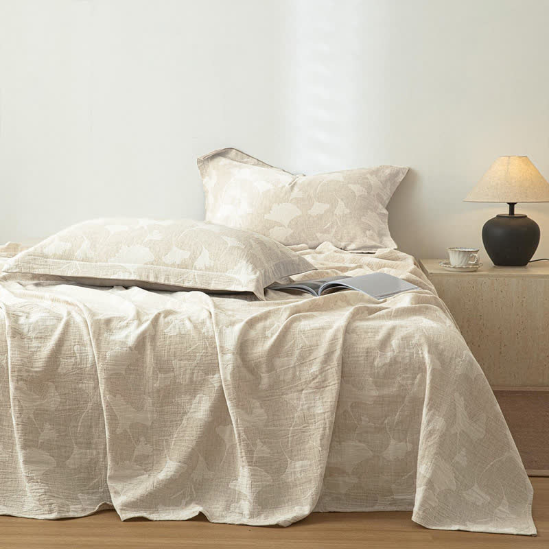 Couvre-lit en coton et lin avec structure en feuille de ginkgo - Couvre-lit avec 2 taies d'oreiller - 270 cm x 240 cm - image 1