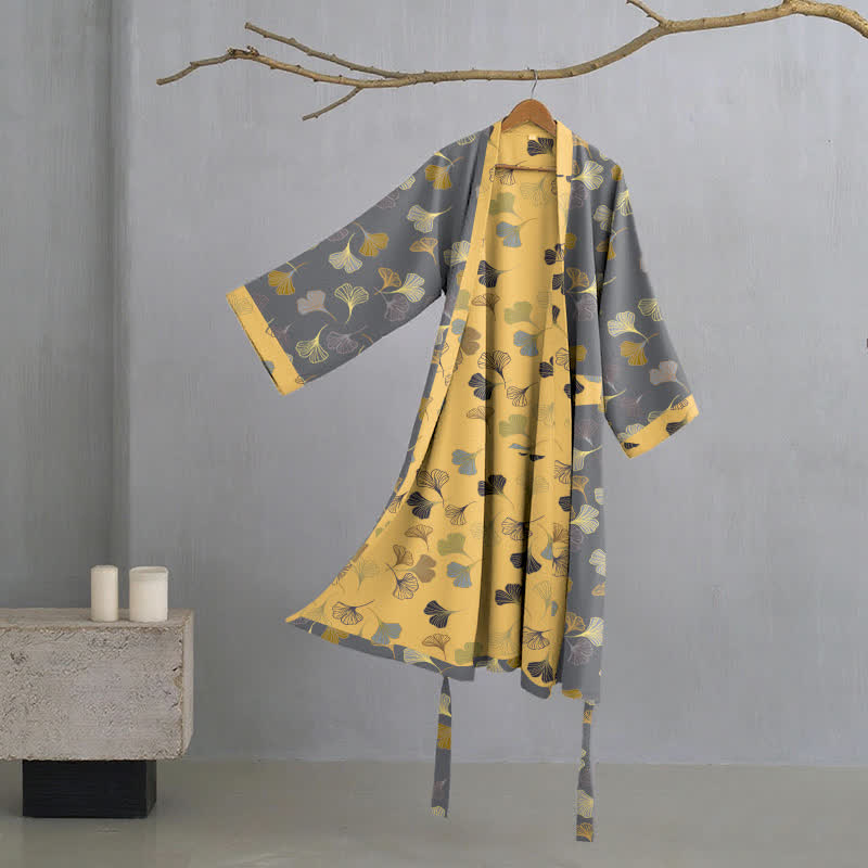 Peignoir kimono en gaze de coton « Ginkgo Biloba » - gris foncé - L - image 11