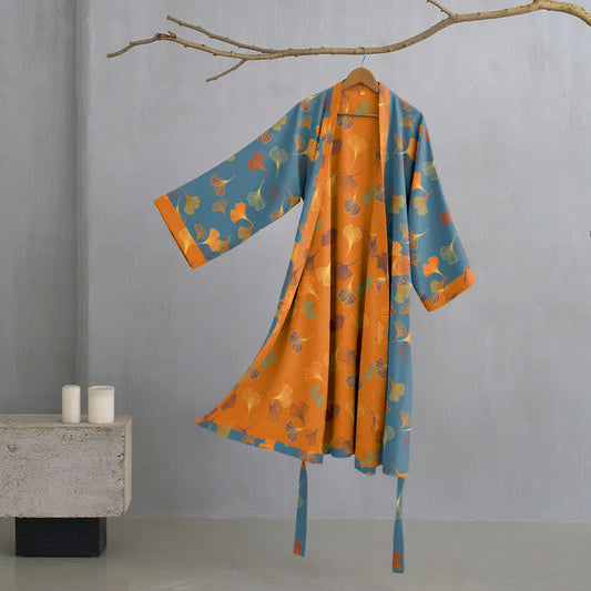 Peignoir kimono en gaze de coton « Ginkgo Biloba » - Bleu - 2XL - image 0