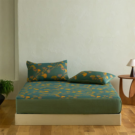 Grand drap housse en coton avec feuilles de ginkgo - Drap avec 2 taies d'oreiller - 200 cm x 220 cm - image 1