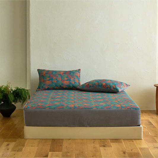 Drap housse en gaze de coton avec feuilles de ginkgo - Drap avec 2 taies d'oreiller - 200 cm x 220 cm - image 1