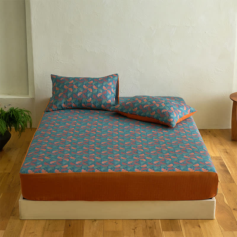 Drap housse en gaze de coton jacquard à motif ginkgo - Drap avec 2 taies d'oreiller - 200 cm x 220 cm - image 1