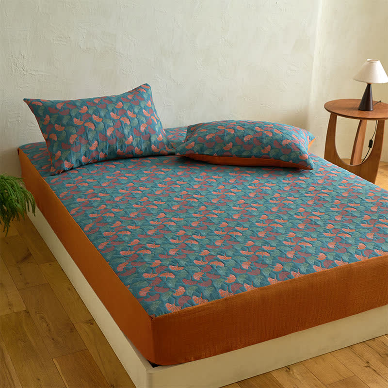 Drap housse en gaze de coton jacquard à motif ginkgo - image 2