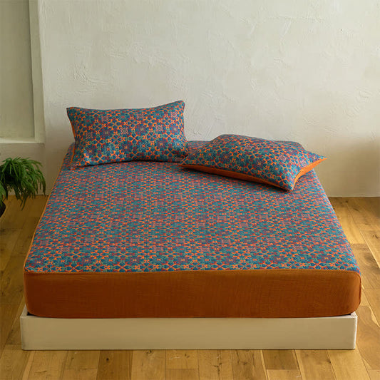 Drap-housse en coton à motif géométrique rétro - Drap avec 2 taies d'oreiller - 200 cm x 220 cm - image 1