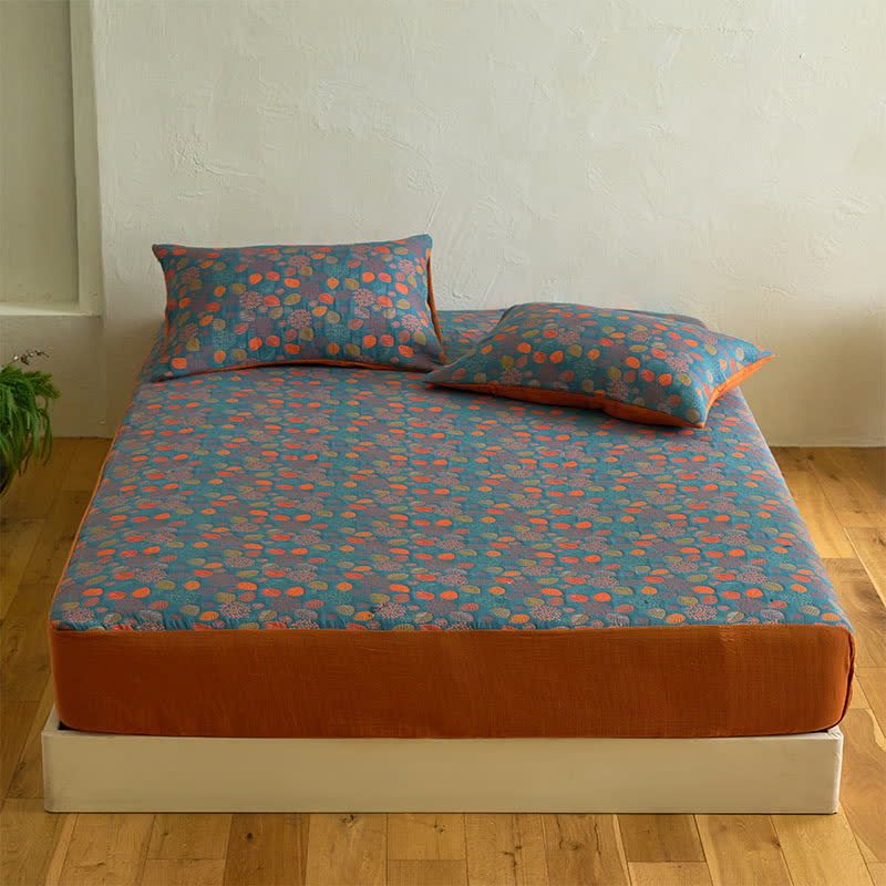 Drap-housse en gaze de coton à motif feuilles - Drap avec 2 taies d'oreiller - 200 cm x 220 cm - image 1