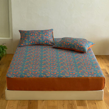 Drap-housse en gaze de coton à motif feuilles - Drap avec 2 taies d'oreiller - 200 cm x 220 cm - image 1