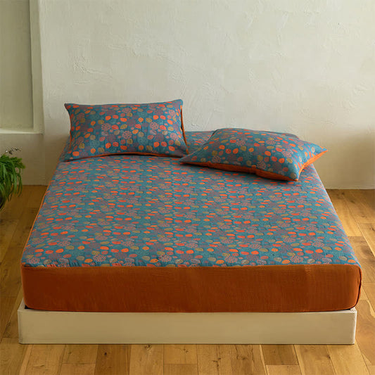 Drap-housse en gaze de coton à motif feuilles - Drap avec 2 taies d'oreiller - 200 cm x 220 cm - image 1