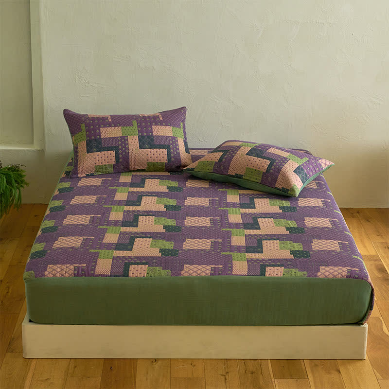 Drap-housse patchwork en gaze de coton jacquard - Drap avec 2 taies d'oreiller - 200 cm x 220 cm - image 1