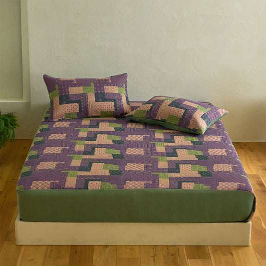 Drap-housse patchwork en gaze de coton jacquard - Drap avec 2 taies d'oreiller - 200 cm x 220 cm - image 1