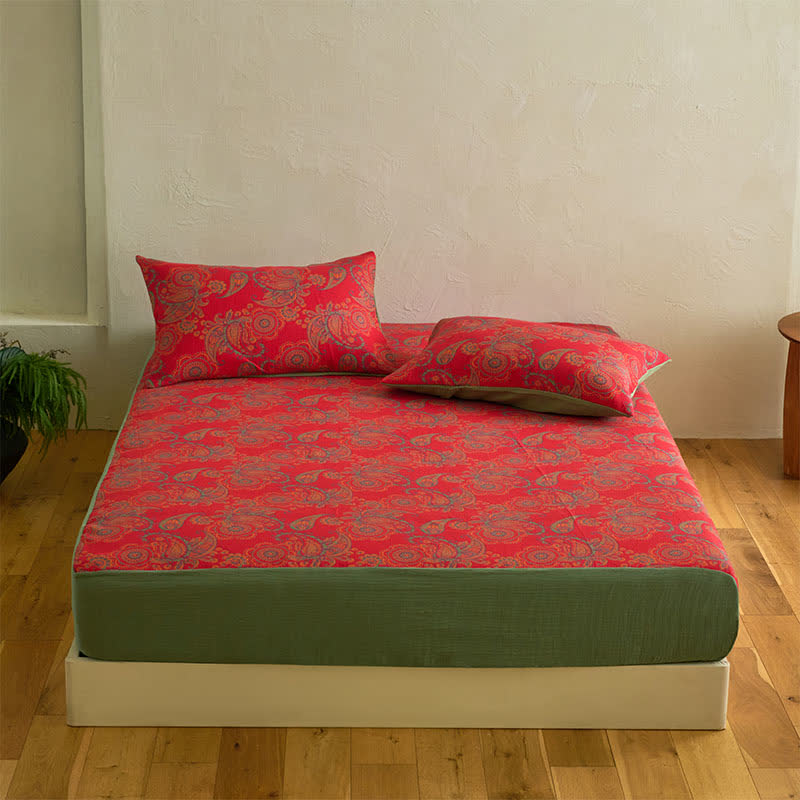 Drap-housse en coton jacquard à motif floral cachemire - Drap avec 2 taies d'oreiller - 200 cm x 220 cm - image 1