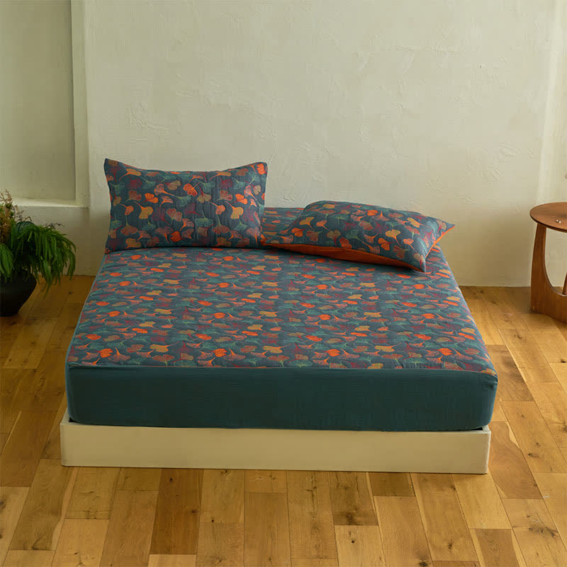 Drap housse en gaze de coton naturel « Ginkgo » - Drap avec 2 taies d'oreiller - 200 cm x 220 cm - image 1