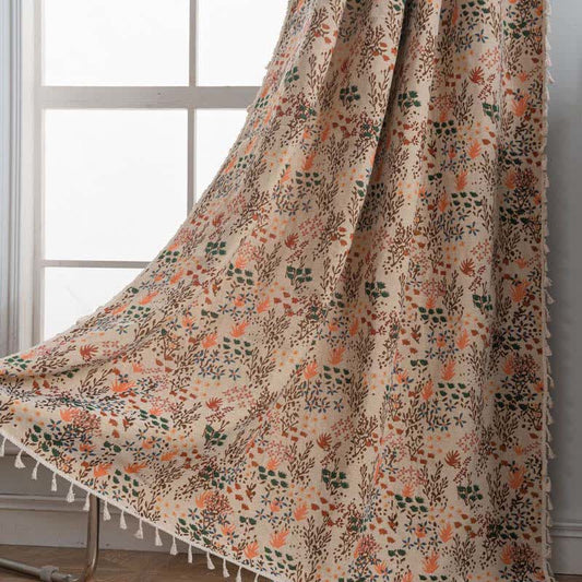 Rideau jacquard inspiré de la nature avec pompons et feuilles - Sac à cannes - 150cm x 260cm - image 1