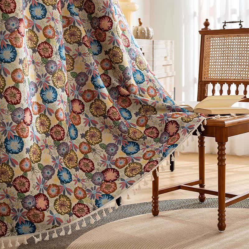 Rideau jacquard artistique à pompons et motif floral - passe-tringle - 150cm x 260cm - image 1