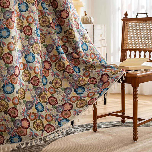 Rideau jacquard artistique à pompons et motif floral - passe-tringle - 150cm x 260cm - image 1