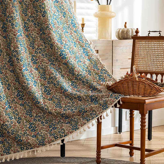 Rideau jacquard bleu à pompons et motif floral - Sac à cannes - 150cm x 260cm - image 1