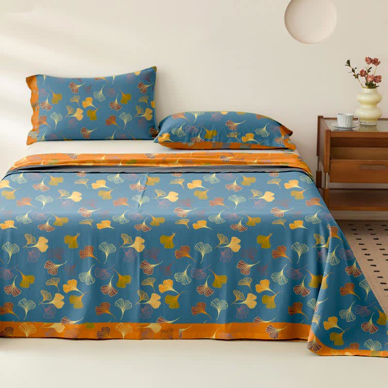 Couvre-lit jacquard en gaze de coton « Ginkgo Biloba » - Bleu - 2 taies d'oreiller - 102 cm x 51 cm - image 1