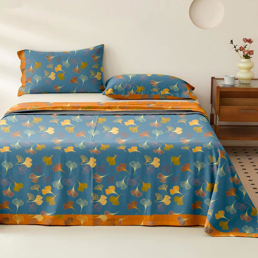 Couvre-lit jacquard en gaze de coton « Ginkgo Biloba » - Bleu - 2 taies d'oreiller - 102 cm x 51 cm - image 1