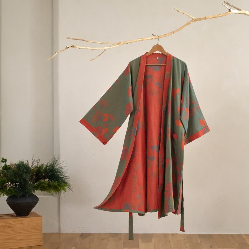 Grand kimono en coton à motifs de feuilles de ginkgo - Vert et orange - XL - image 10