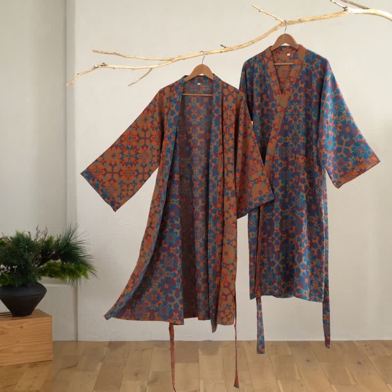 Peignoir kimono en coton à motif géométrique rétro - image 1