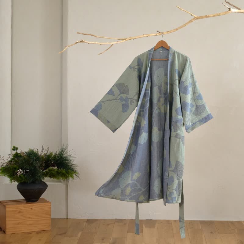 Peignoir kimono en coton bio avec feuille de ginkgo - Vert clair et bleu - 2XL - image 2