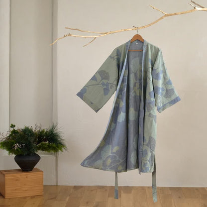 Peignoir kimono en coton bio avec feuille de ginkgo - Vert clair et bleu - 2XL - image 2