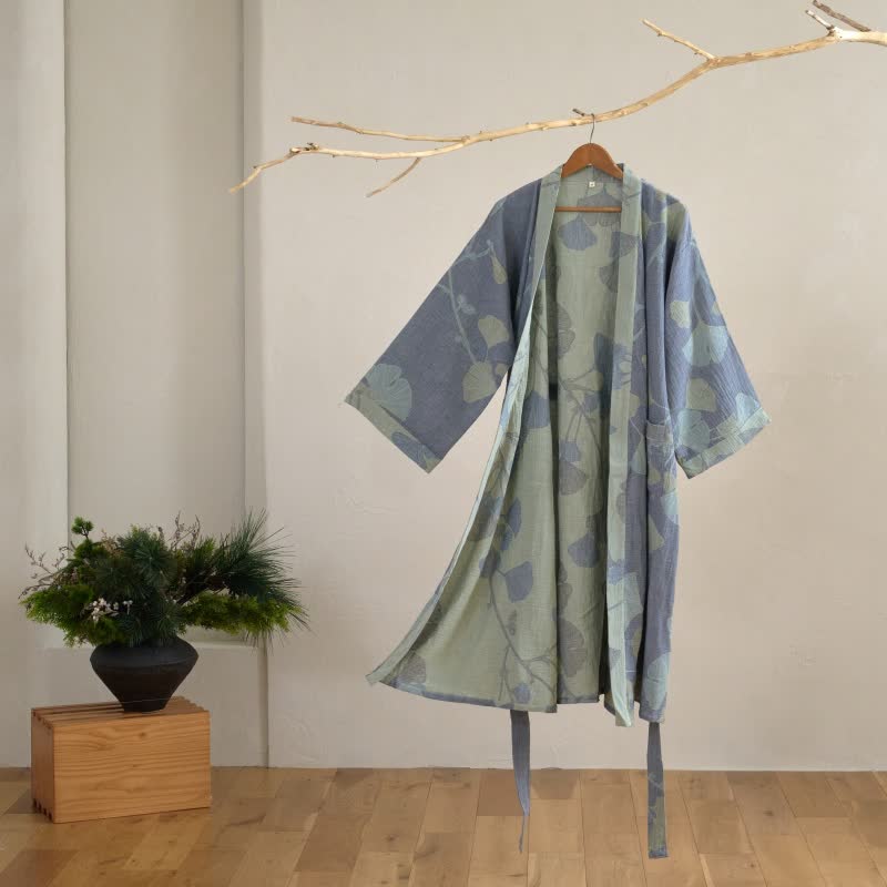 Peignoir kimono en coton bio avec feuille de ginkgo - Bleu et vert clair - 2XL - image 0