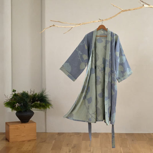 Peignoir kimono en coton bio avec feuille de ginkgo - Bleu et vert clair - 2XL - image 0
