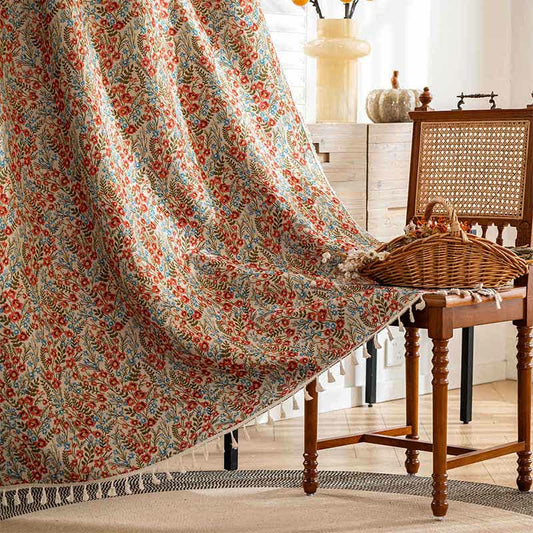 Rideau rouge à pompons de style campagnard avec motif floral - passe-tringle - 150cm x 260cm - image 1