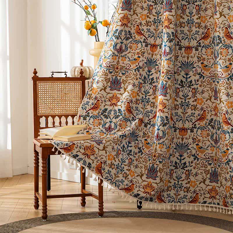 Rideau à pampilles vintage à motif d'oiseaux botaniques - passe-tringle - 150cm x 260cm - image 1