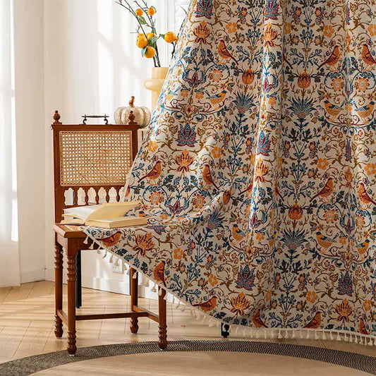 Rideau à pampilles vintage à motif d'oiseaux botaniques - passe-tringle - 150cm x 260cm - image 1
