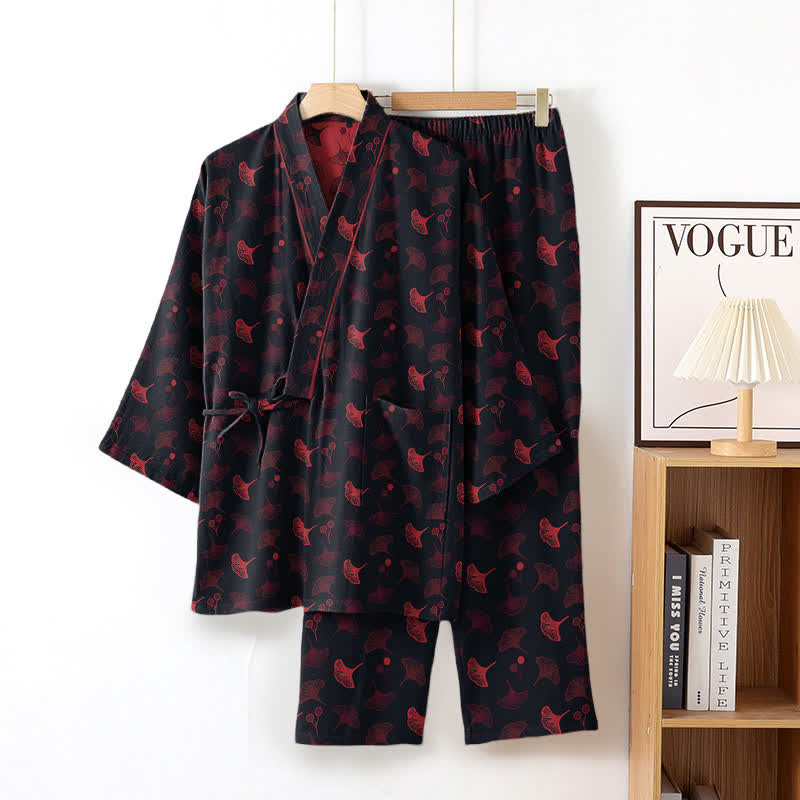 Ensemble de vêtements d'intérieur kimono en coton biologique Ginkgo - Noir et rouge - XL - image 3
