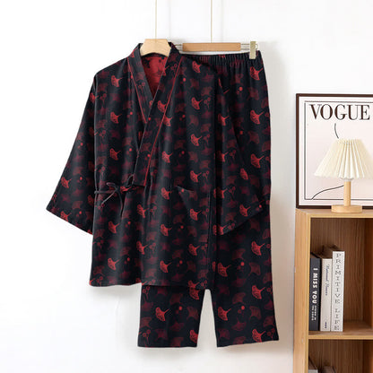 Ensemble de vêtements d'intérieur kimono en coton biologique Ginkgo - Noir et rouge - XL - image 3