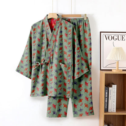 Ensemble de vêtements d'intérieur kimono en coton biologique Ginkgo - Vert et rouge - XL - image 18