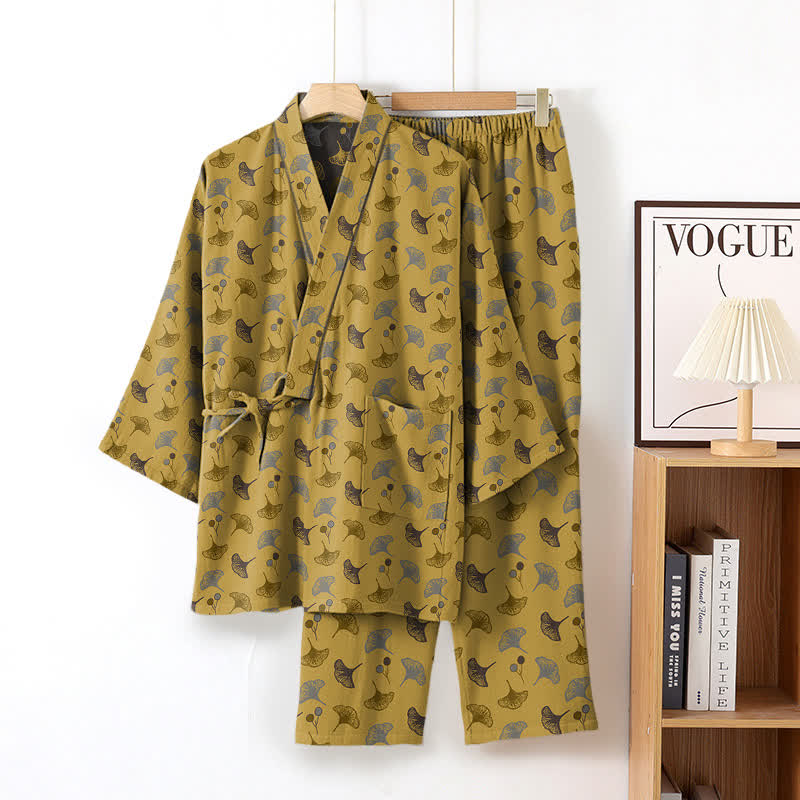Ensemble de vêtements d'intérieur kimono en coton biologique Ginkgo - Jaune et gris - XL - image 12